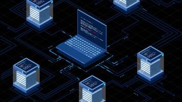 Abstract isometric high technology animation. Cloud storage isometric illustration. Big data center with server. Server room. Transparent background with alpha channel. video