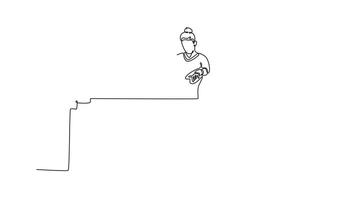 Self drawing animation of single line draw fit female gymnast swinging and jumping on uneven bars. Flexible woman athlete training in gym. Healthy lifestyle. Continuous line draw. Full length animated video
