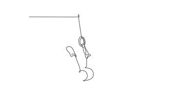 Animated self drawing of continuous line draw beautiful female gymnast swinging on gymnastic rings while doing muscle up exercise during calisthenics workout in gym. Full length single line animation video