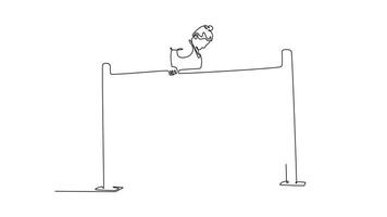 Animated self drawing of continuous line draw fit flexible female gymnast exercise parallel bars in championship gymnastics. Movement, action, motion, healthy lifestyle. Full length one line animation video