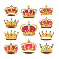 Collection of nine cartoon crowns with various shapes colors and embellishments. vector