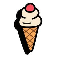 Cartoon Ice Cream Cone with Cherry Topping and Bold Black Outline. vector