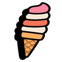 Layered Ice Cream Cone with Bold Outline and Swirl Design. vector