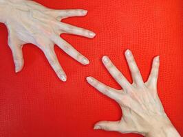 Hands reaching towards each other on a bright red textured surface with a striking contrast in colors photo