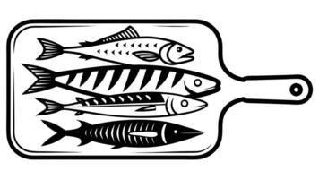 Black and white illustration of different fish on a cutting board representing seafood and culinary concepts vector