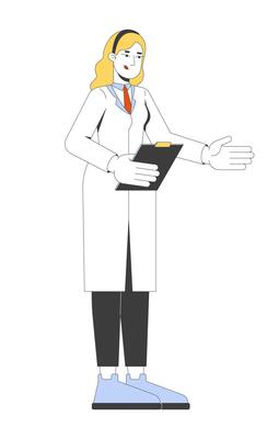 Blonde woman scientist holding clipboard in lab coat 2D cartoon character. Female researcher science expert gesturing explaining flat person isolated on white. Spot illustration colorful