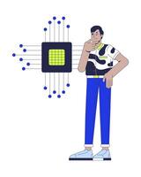 Confused by electronics 2D illustration concept. IT school course. Machine learning. Indian student curiosity in microchip processor cartoon character isolated on white. Flat abstract metaphor vector