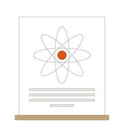 Science poster on wooden stand with atomic model 2D cartoon object. STEM research display. Physics atom nucleus educational paper isolated element flat clip art on white. Spot illustration vector