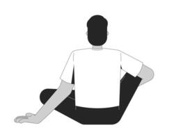 South asian faceless man sitting cross-legged from behind 2D line character. Meditation contemplation. Casual male resting back view isolated ink outline person. Monochromatic spot illustration vector