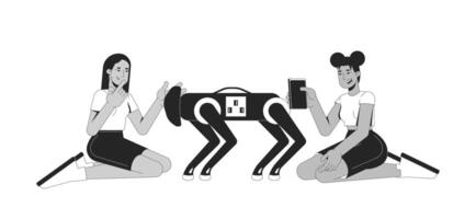 Two diverse young women interacting with robot dog 2D line characters. Black girl taking mobile of quadruped robotic pet isolated ink outline people. Monochromatic spot illustration vector