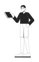 Chinese young man holding book in relaxed pose 2D line character. Bookworm reader. Korean male in casual style with reading hobby isolated ink outline person. Monochromatic spot illustration vector