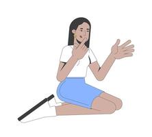 Middle eastern woman in sitting pose expressing herself through sign language 2D cartoon character. Thoughtful girl gesturing flat person isolated on white. Spot illustration colorful vector