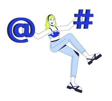 Happy learning programming 2D illustration concept. IT school course. Coder girl. Social media. Woman holding at sign and hashtag cartoon character isolated on white. Flat abstract metaphor vector