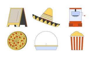 Festival snacks and carnival event decor 2D cartoon objects set. Pizza, popcorn, sombrero, sidewalk sign, machines isolated elements flat clip arts on white. Spot illustrations collection vector