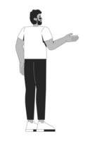 Bearded black man in tshirt gesturing while facing away 2D line character. African american modern guy in sunglasses pointing isolated ink outline person. Monochromatic spot illustration vector