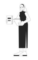 European blonde woman in qipao comparing books in hand 2D line character. Standing girl reader in casual cheongsam with novels isolated ink outline person. Monochromatic spot illustration vector