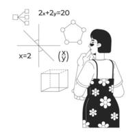Learning mathematics for programming line illustration concept. Asian female math student studying equations geometry in STEM coding outline 2D character isolated. Ink linear metaphor art vector