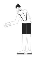 Modern caucasian man in longsleeve finger pointing and thinking 2D line character. Topknot european male rubbing chin, gesturing isolated ink outline person. Monochromatic spot illustration vector