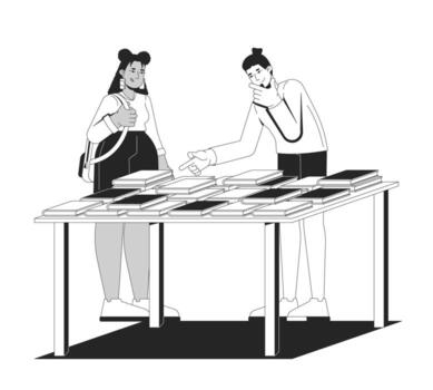Girl student backpack and man pointing at book table discussing preferences 2D line characters. Bookstore library attendees diverse isolated ink outline people. Monochromatic spot illustration vector