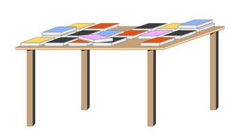 Wooden table displaying stacked library books 2D cartoon object. Study area. Reading corner. Literature. Novels showcase textbooks isolated element flat clip art on white. Spot illustration vector