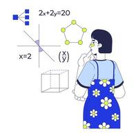 Learning mathematics for programming 2D illustration concept. Asian female math student studying equations geometry in STEM coding cartoon character isolated on white. Flat abstract metaphor vector