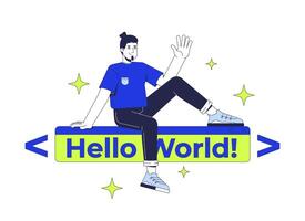 Developer over hello world text banner 2D illustration concept. IT school courses. Joyful coder introduces beginner to programming cartoon character isolated on white. Flat abstract metaphor vector