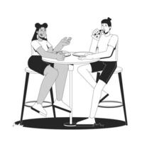 Gen z couple sharing pizza at outdoor table 2D line characters. Multicultural friends laughing, eating pepperoni slices on date isolated ink outline people. Monochromatic spot illustration vector