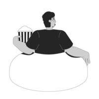 Glasses arab man relaxing on bean bag with popcorn bucket 2D line character. Eyeglasses adult male sitting in beanbag facing away isolated ink outline person. Monochromatic spot illustration vector