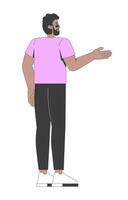 Bearded black man in pink tshirt gesturing while facing away 2D cartoon character. African american modern guy in sunglasses pointing flat person isolated on white. Spot illustration colorful vector