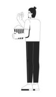 Caucasian topknot man standing and eating popcorn 2D line character. Upright pose european male enjoying snack from striped bucket isolated ink outline person. Monochromatic spot illustration vector