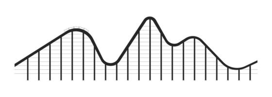 Thrilling roller coaster ride 2D line object. Amusement theme park attraction steep drop. Rail rollercoaster train reaching peak isolated clipart ink outline item. Monochrome spot illustration vector