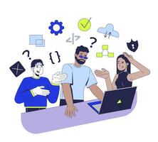 Learning to code in group 2D illustration concept. IT school course. Collaborative development. Diverse programming team discussion cartoon characters isolated on white. Flat abstract metaphor vector