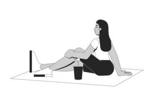 Modern indian woman lounging with drink on picnic blanket 2D line character. Relaxing moment. South asian girl enjoying solo rest isolated ink outline person. Monochromatic spot illustration vector