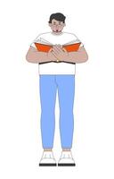 Eyeglasses arab man intently reading open book 2D cartoon character. Standing glasses guy holding novel with concentrated expression flat person isolated on white. Spot illustration colorful vector