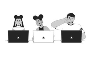 Writing code practice outline illustration. Coding bootcamp. IT school course. Hackathon. Diverse students working on laptops 2D line characters isolated on white. Monochrome ink linear image vector