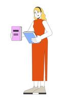 European blonde woman in qipao comparing books in hand 2D cartoon character. Standing girl reader in casual cheongsam with novels flat person isolated on white. Spot illustration colorful vector