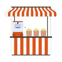Popcorn stall with striped canopy and machine 2D cartoon object. Food festival vendor kiosk. Snack counter with popcorn buckets isolated element flat clip art on white. Spot illustration vector