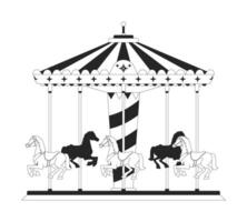 Vintage carousel with spinning horses 2D line object. Striped canopy nostalgic merry go-round. Classic fair entertainment ride isolated clipart ink outline item. Monochrome spot illustration vector