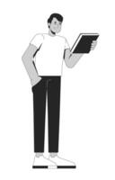 Young indian man in white tshirt holding book 2D line character. South asian male reader in relaxed posture with pleasant expression isolated ink outline person. Monochromatic spot illustration vector