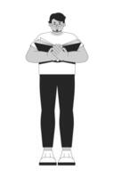 Eyeglasses arab man intently reading open book 2D line character. Standing glasses guy holding novel with concentrated expression isolated ink outline person. Monochromatic spot illustration vector