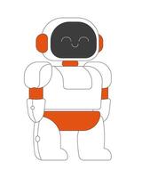 Adorable small humanoid robot with friendly smiling expression 2D cartoon object. Cute robotic technology. Tech futuristic toy isolated element flat clip art on white. Spot illustration vector