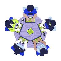 Hackathon programming group top view 2D illustration. IT school. Coding class. Diverse developers laptops around round table flat characters isolated on white background. Colorful cartoon image vector