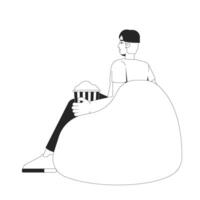 Young chinese man enjoying popcorn on bean bag 2D line character. Snack time. Movie night. Asian boy with striped bucket in beanbag isolated ink outline person. Monochromatic spot illustration vector