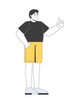 European plus size man in black tshirt pointing up 2D cartoon character. Asian plump guy raising one finger with hand in pocket flat person isolated on white. Spot illustration colorful vector