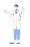 Friendly korean male scientist explaining in lab coat 2D cartoon character. STEM researcher asian man expert presenting gesturing flat person isolated on white. Spot illustration colorful vector