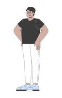 Arab man with eyeglasses standing confidently with hands on hips 2D cartoon character. Glasses guy in black tshirt and white pants flat person isolated on white. Spot illustration colorful vector