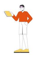 Chinese young man holding book in relaxed pose 2D cartoon character. Bookworm reader. Korean male in casual style with reading hobby flat person isolated on white. Spot illustration colorful vector