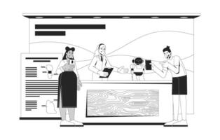 Robot demo at science fair booth with engaged diverse attendees 2D line characters. STEM female engineer showcasing robotics isolated ink outline people. Monochromatic spot illustration vector
