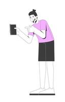 Bearded european man pointing at smartphone screen 2D cartoon character. Digital lifestyle. Casual caucasian guy taking on phone flat person isolated on white. Spot illustration colorful vector