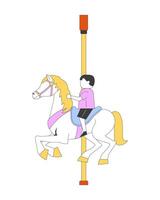 Child riding carousel horse at amusement park 2D cartoon character. Nostalgic joy. Young kid enjoying merry go round flat faceless person isolated on white. Spot illustration colorful vector
